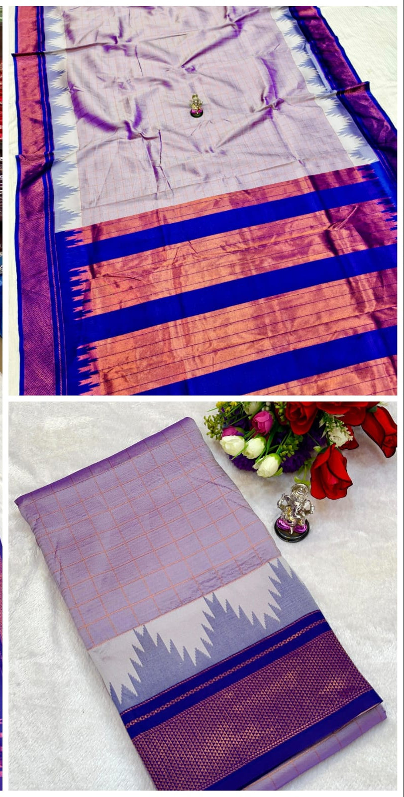 Collage of a purple and pink saree with a white blouse on a white background.