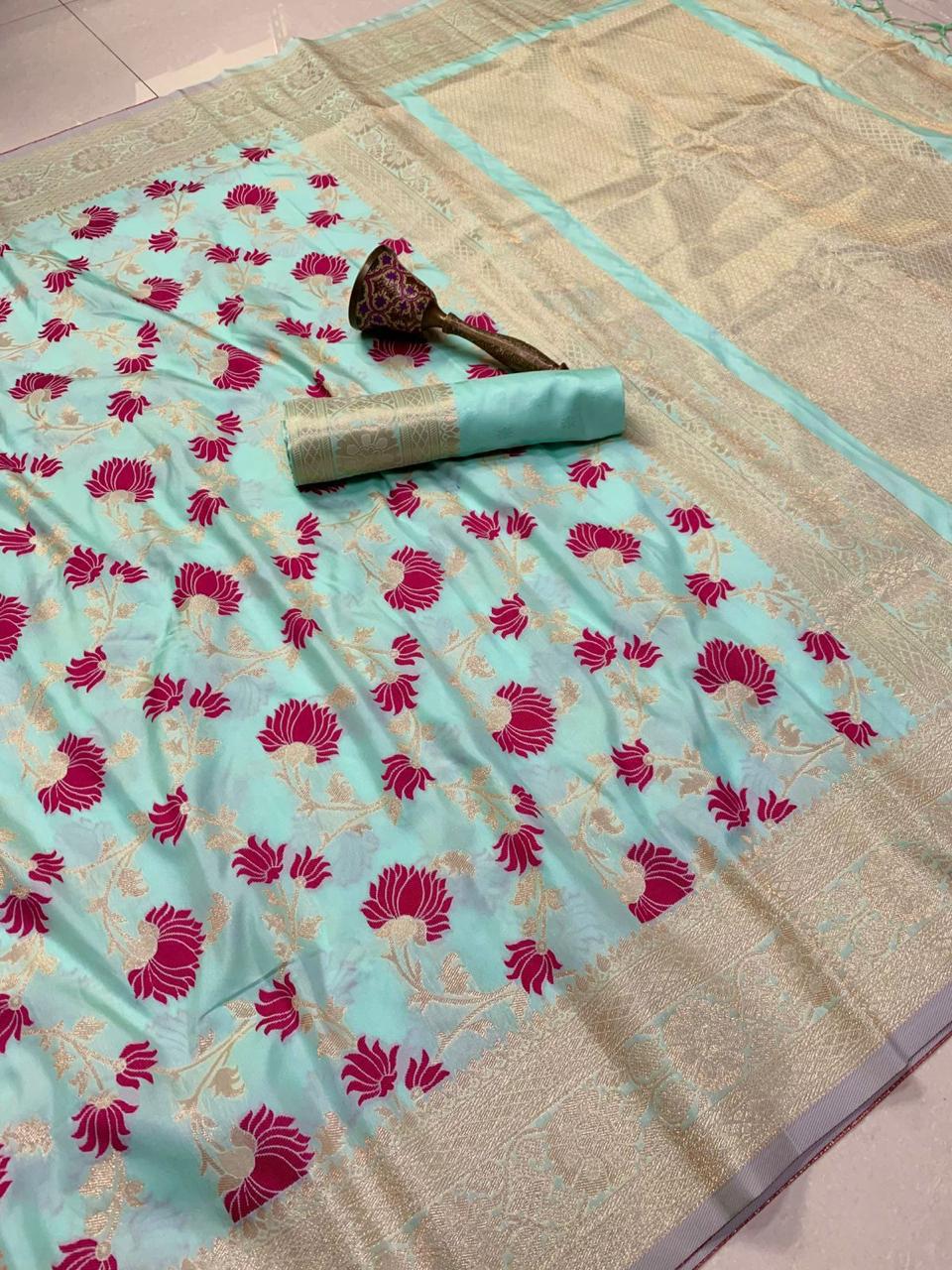 Sari with floral pattern on a checkered fabric background
