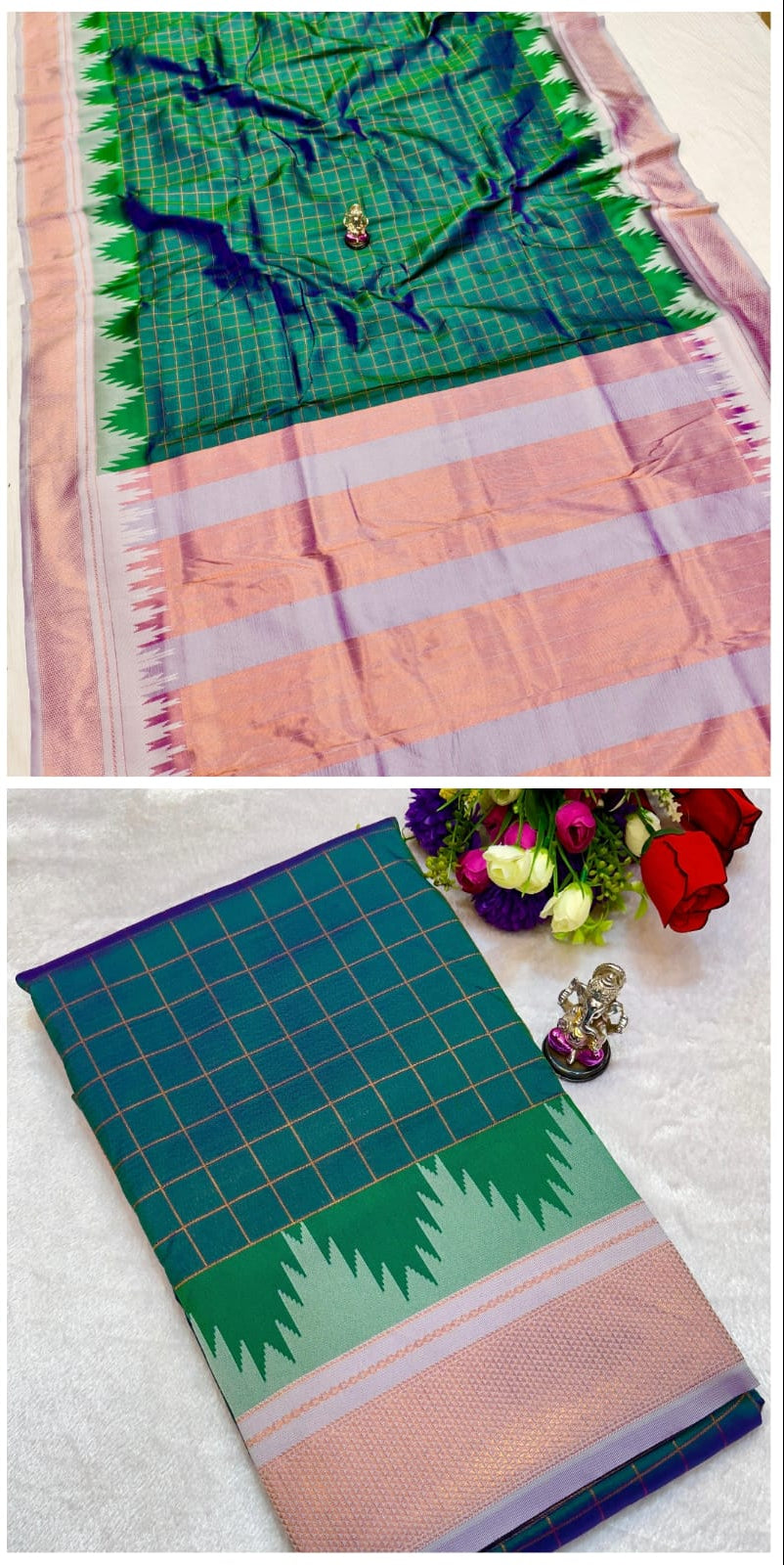 Collage of a green and peach saree with a checkered pattern, displayed in a store setting.