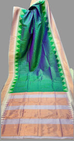 Collage of a green and peach saree with a checkered pattern, displayed in a store setting.