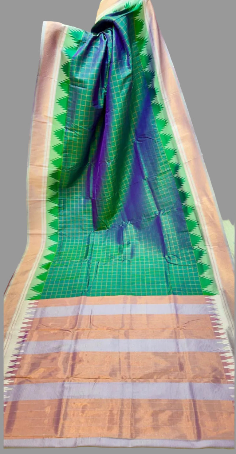 Collage of a green and peach saree with a checkered pattern, displayed in a store setting.