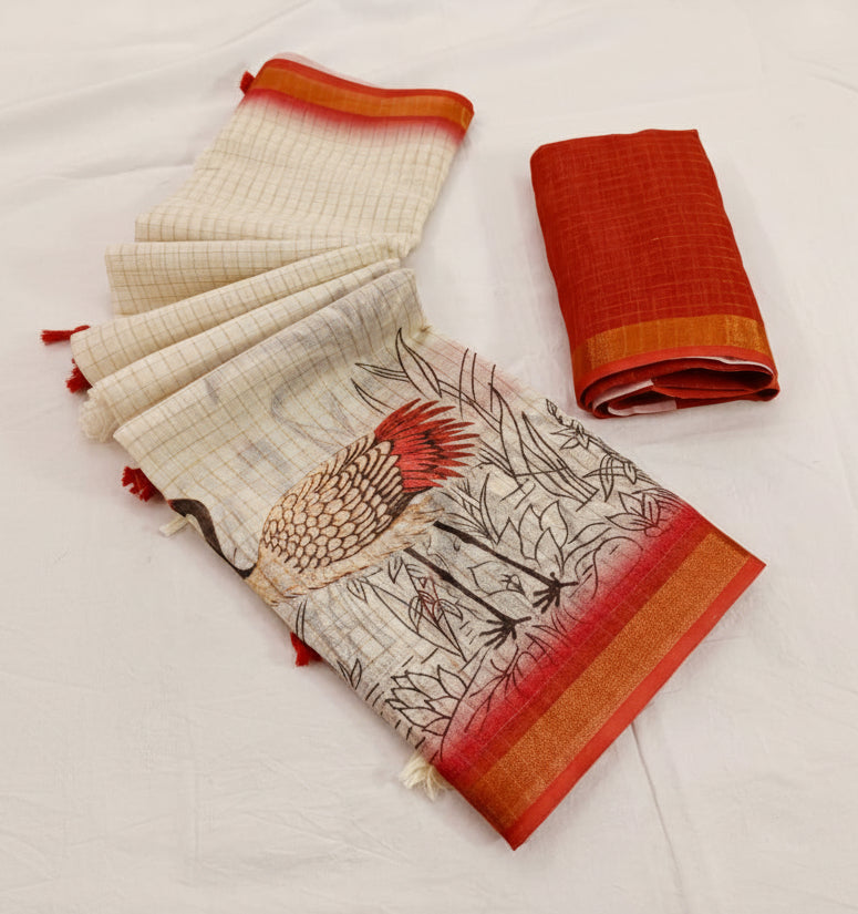 Traditional saree with intricate design on a white background