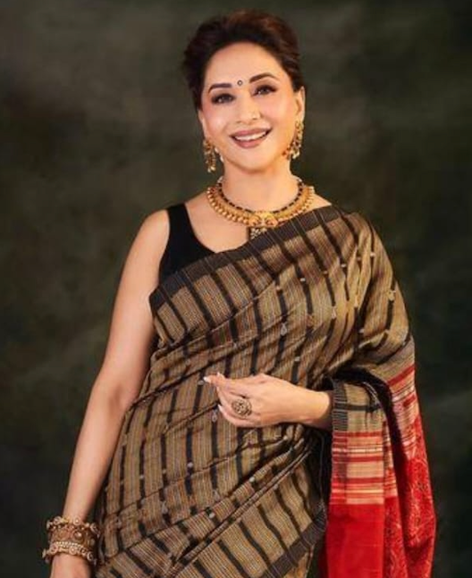 A woman modeling a black and gold striped saree with a red border, paired with a black blouse and gold jewelry, posed against a dark green studio background.