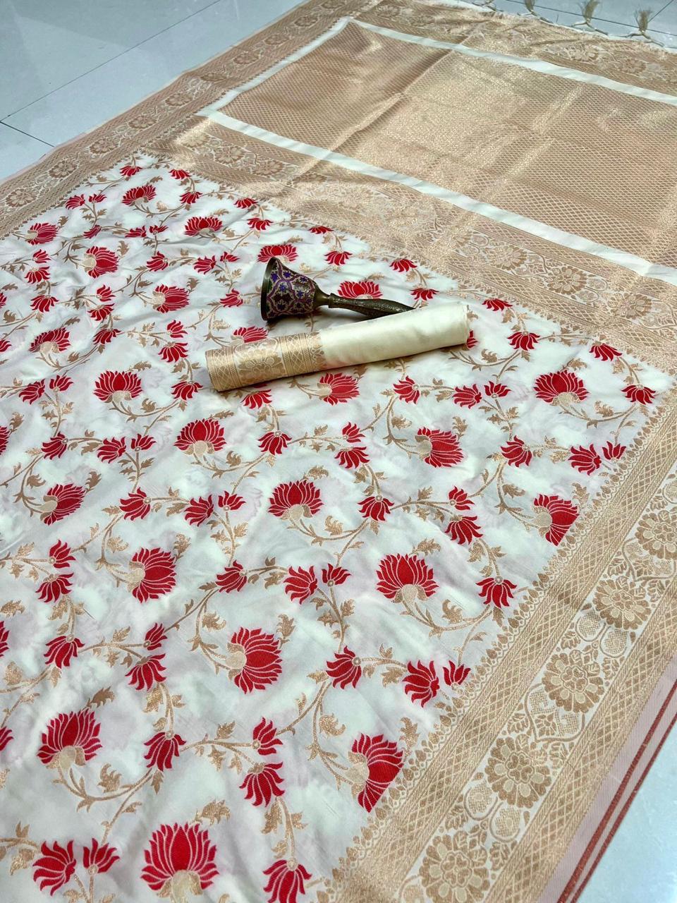 Floral-patterned fabric with red flowers on a beige background