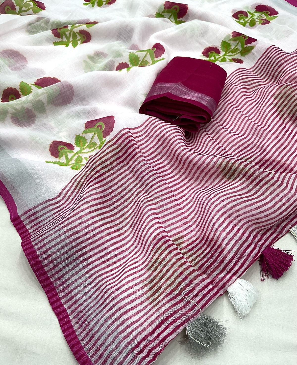 Rose printed linen saree with white background