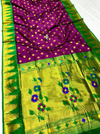 Purple saree with gold polka dots and green border with floral patterns