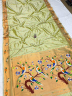 Saree with green and beige patterns on a white background