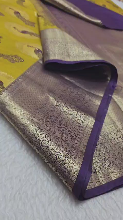 Yellow and purple Semi Kanjeevarm Saree 