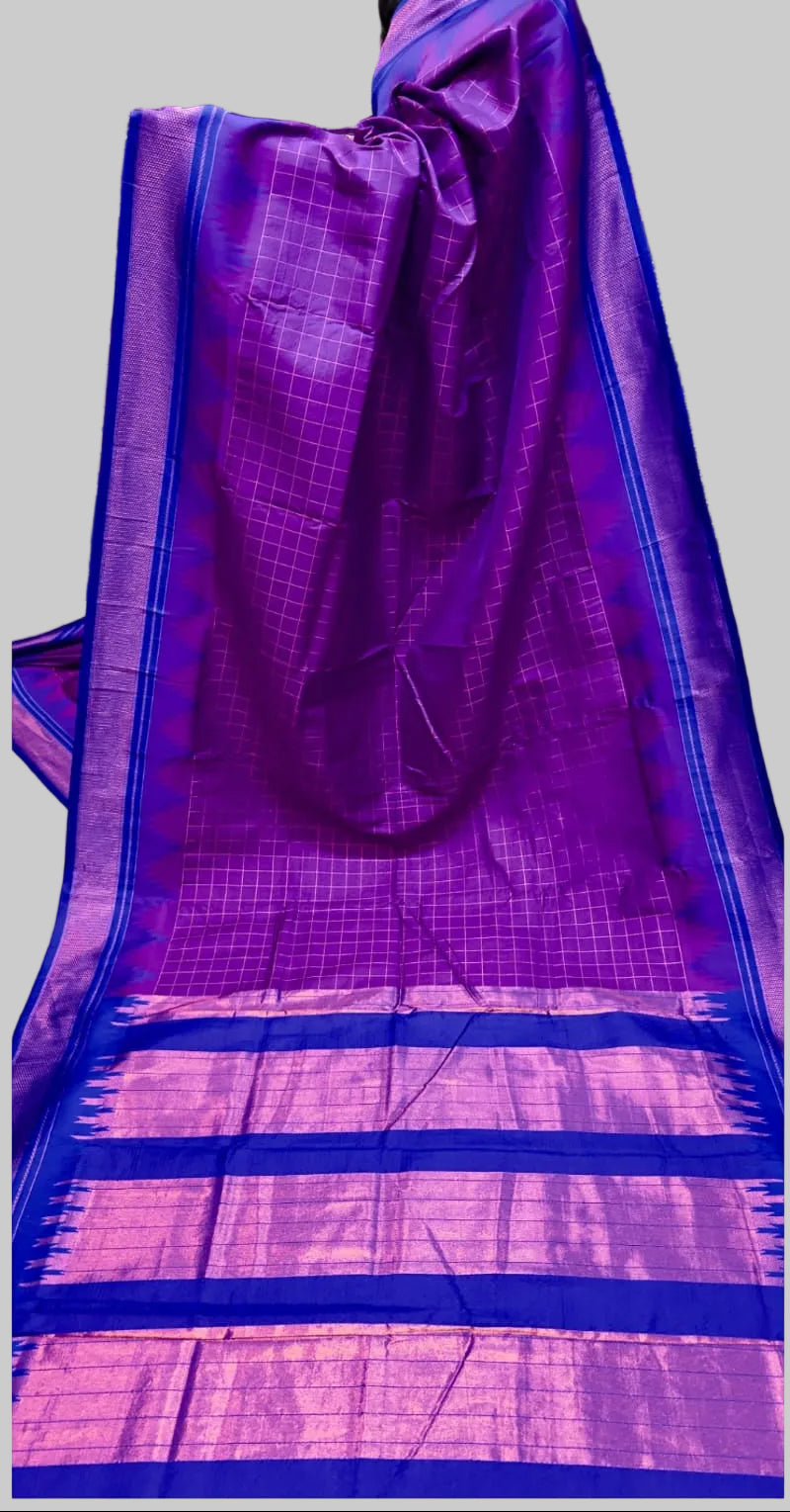 Purple saree with blue border displayed in a collage format.