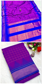 Purple saree with blue border displayed in a collage format.