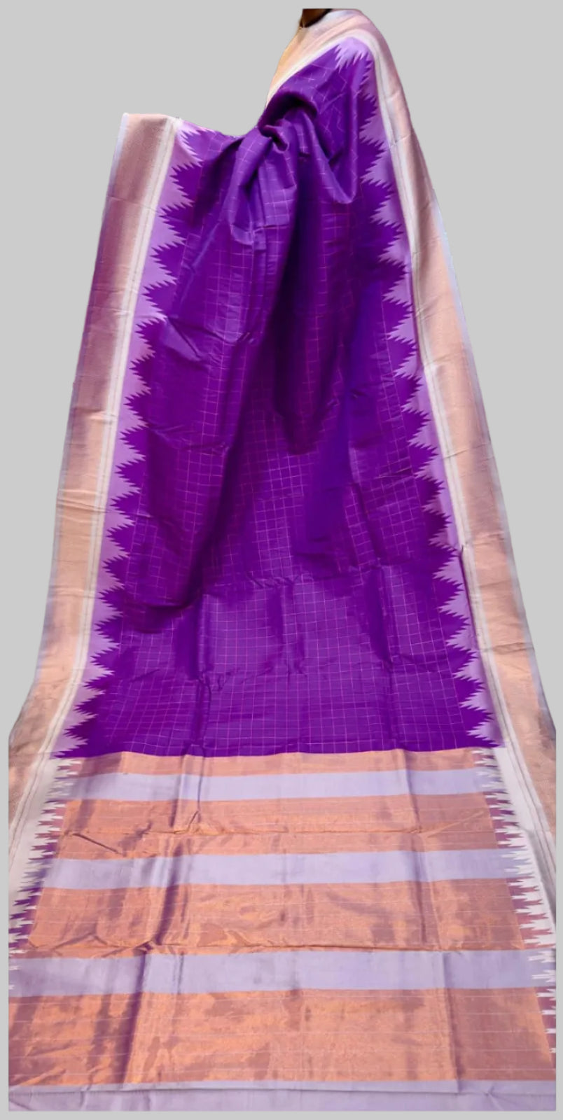 Collage of a purple and orange saree with intricate patterns.