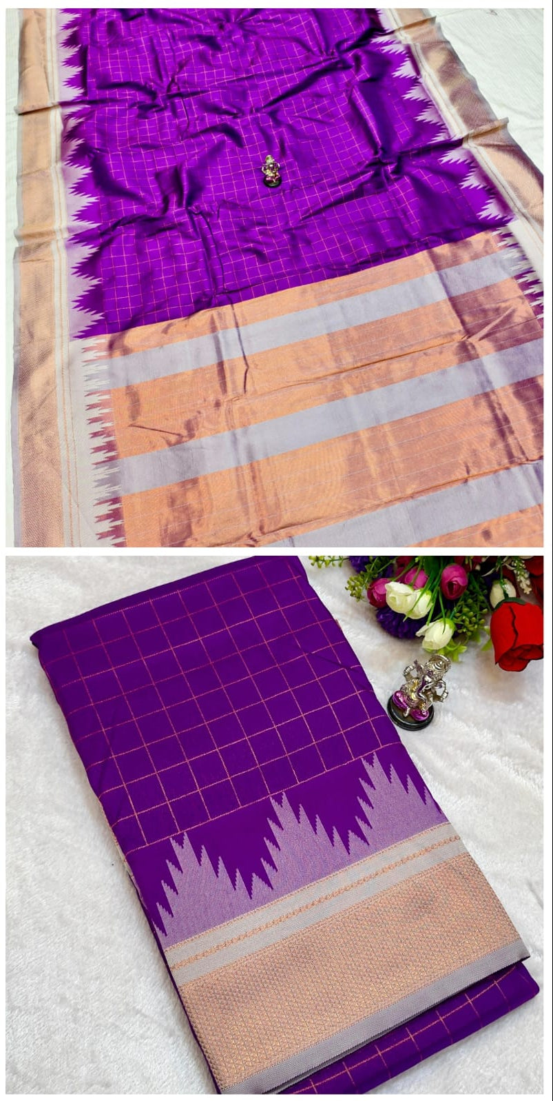 Collage of a purple and orange saree with intricate patterns.