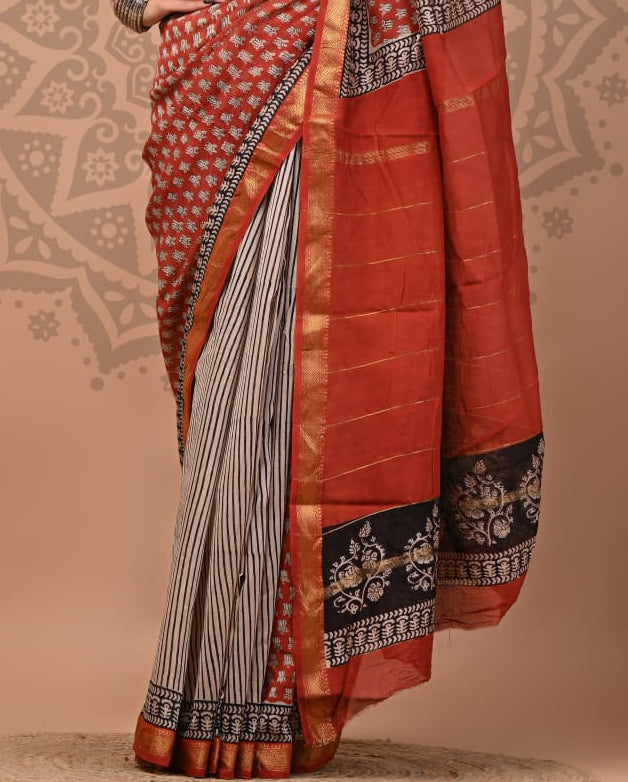 Woman wearing a traditional saree with a decorative background