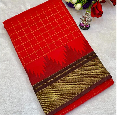 Red saree with gold and brown border displayed in multiple views