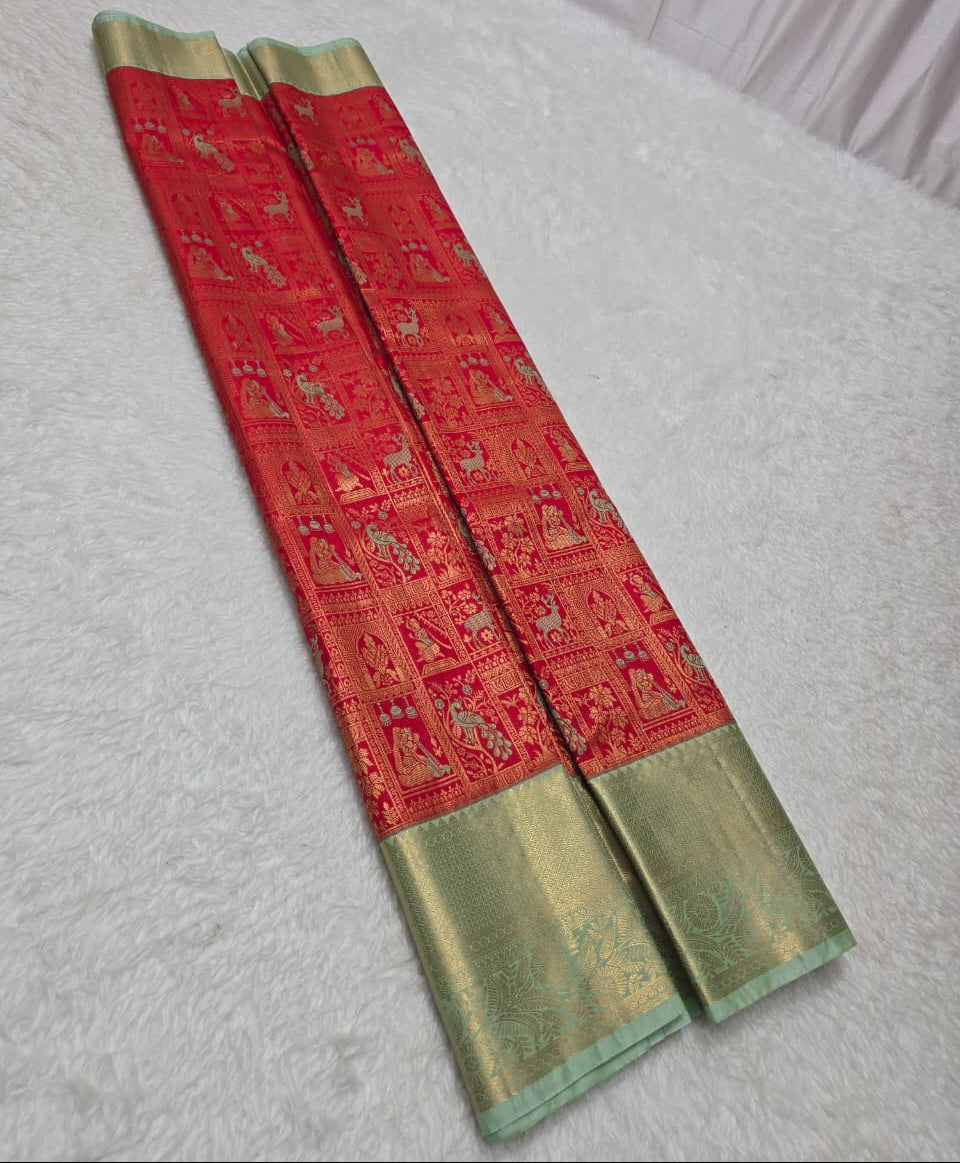 Red and green traditional fabric on a white surface
