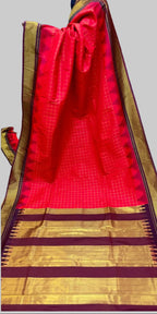 Red saree with gold and brown border displayed in multiple views