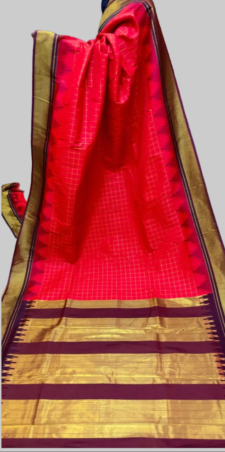 Red saree with gold and brown border displayed in multiple views