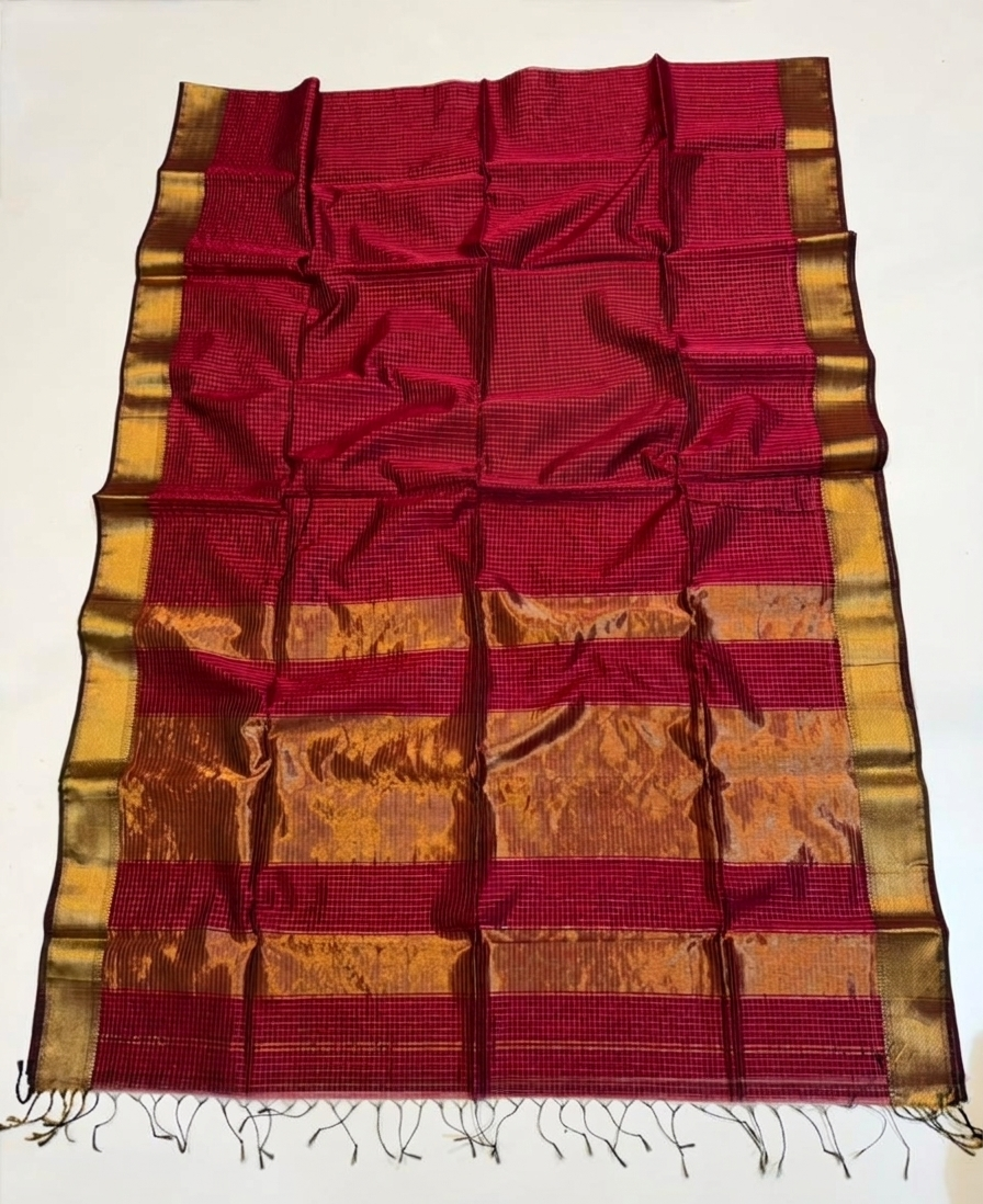 Red and gold striped fabric with a white background