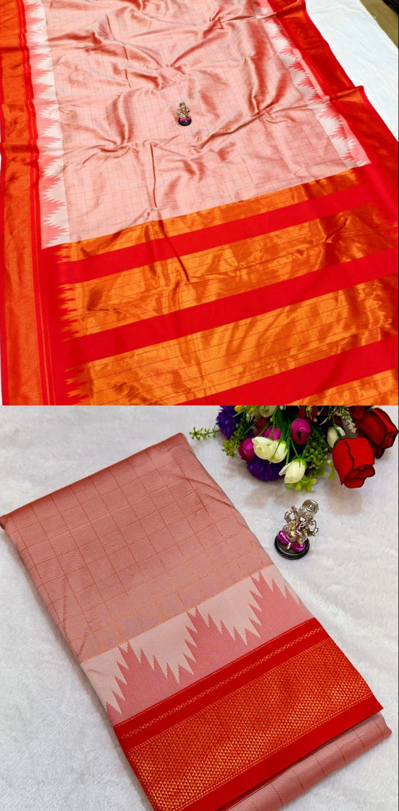 Red and pink saree with a striped pattern on a white background