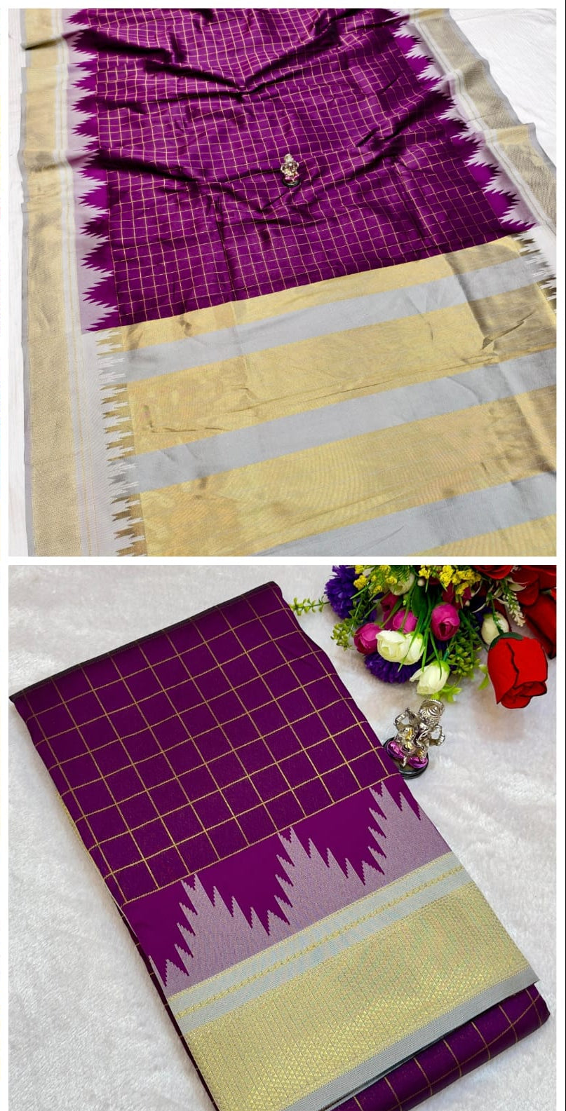 Collage of a purple and yellow saree with a checkered pattern.