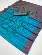 Blue saree with red border on a white background