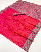 Pink saree with intricate patterns on a white background
