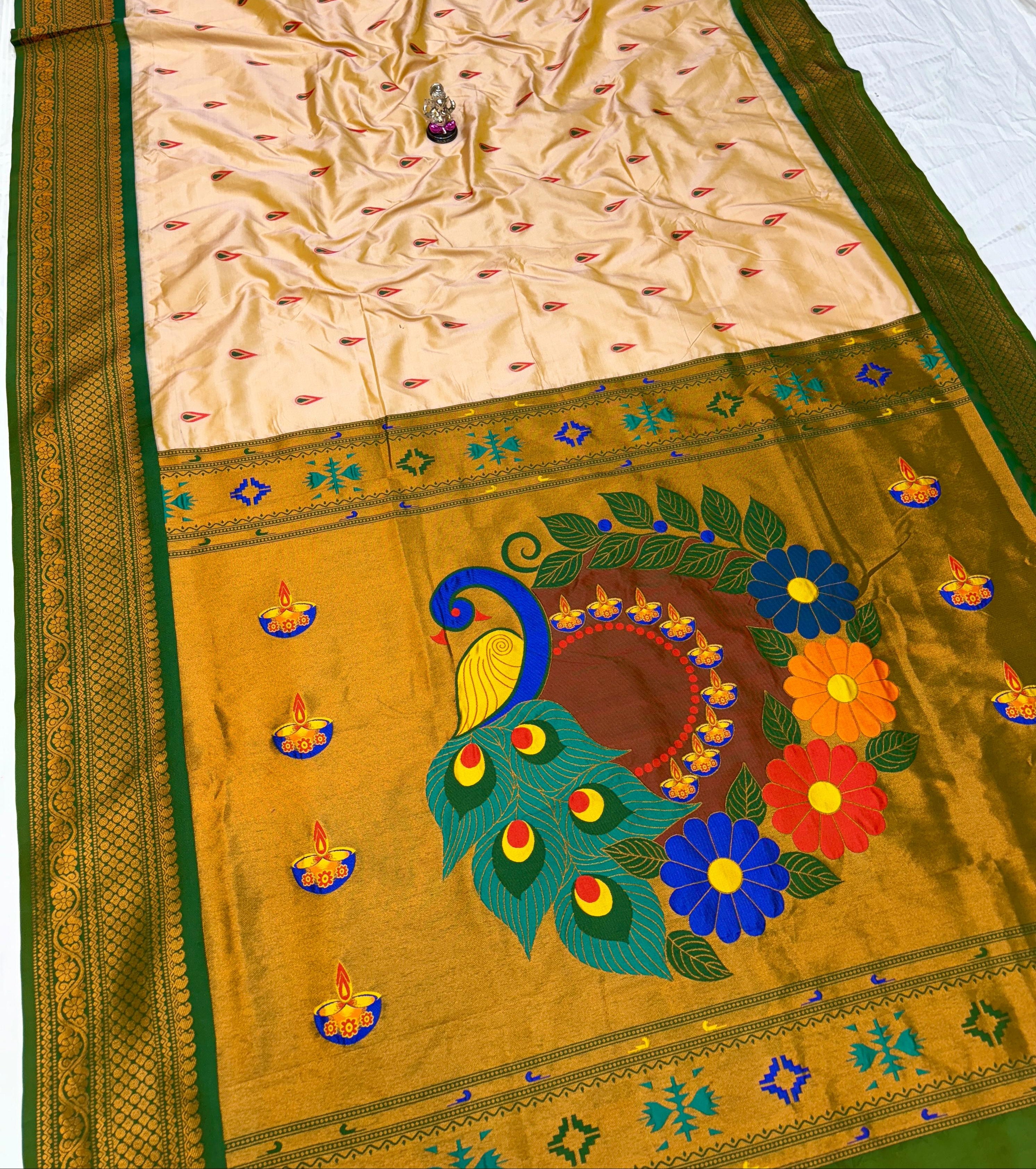 Traditional saree with peacock and floral design on a yellow background