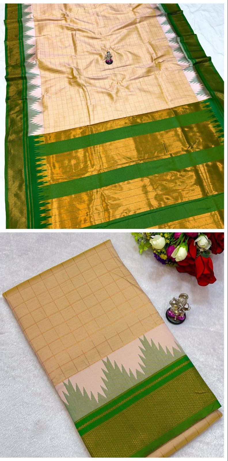 Collage of a beige saree with green border, displayed on a table with a floral arrangement.