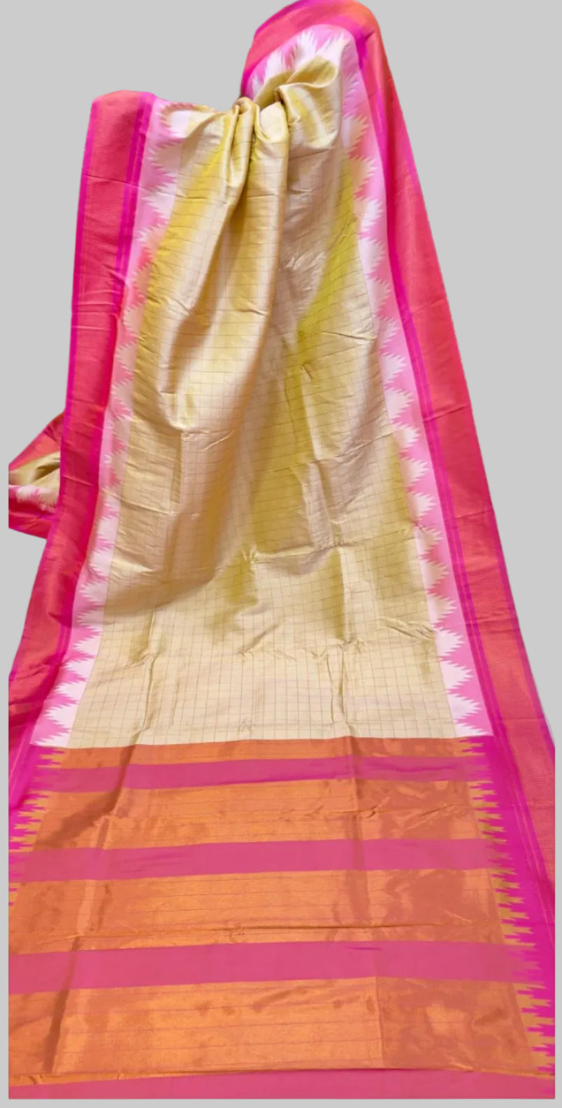 Collage of a saree with pink and orange border, displayed with other sarees.