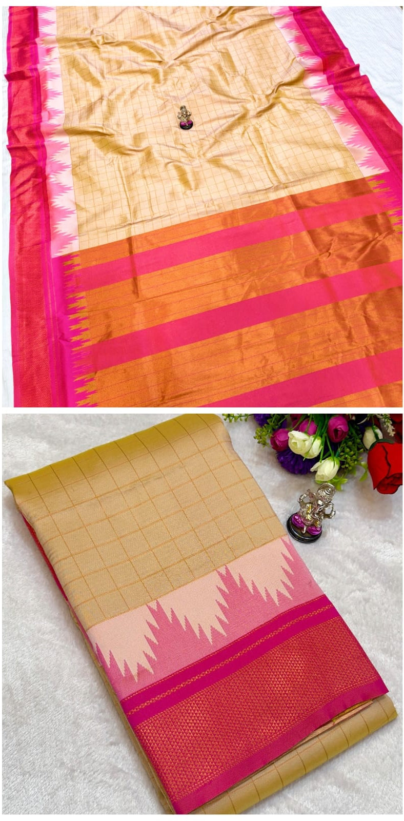 Collage of a saree with pink and orange border, displayed with other sarees.