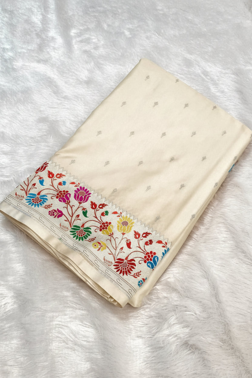 Beige fabric with colorful floral embroidery on a white background