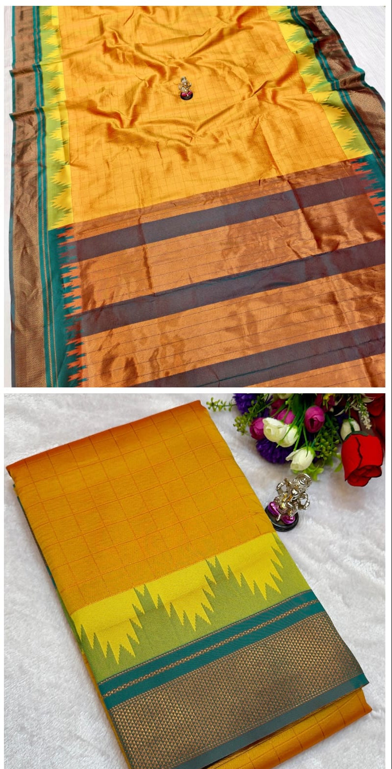 Yellow and brown saree with green border, displayed in a collage.