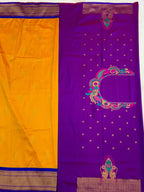 Purple saree with yellow border and decorative patterns