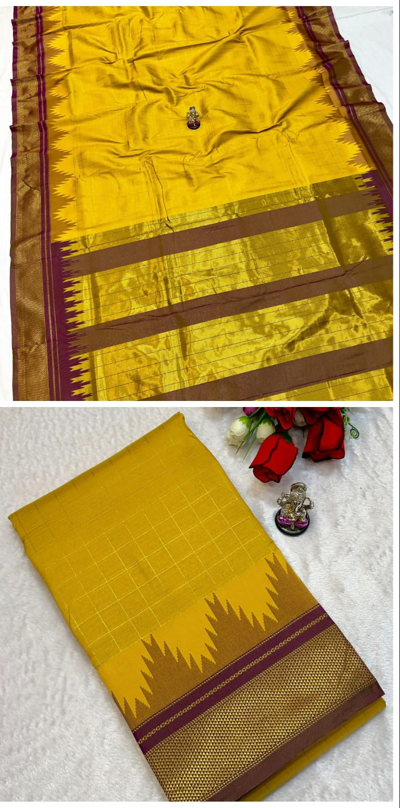 Yellow saree with purple and brown border on a white background
